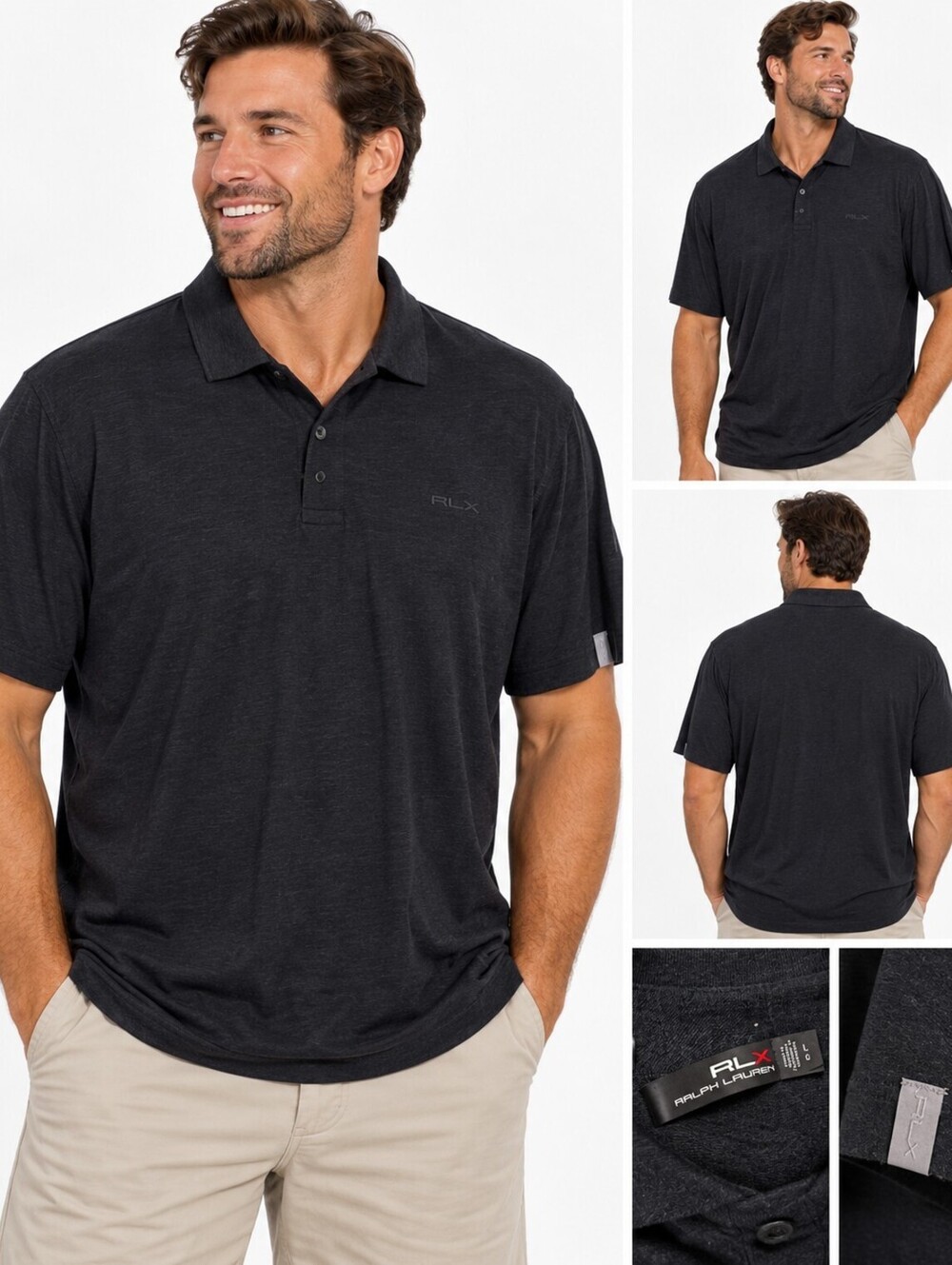 Ralph Lauren RLX Black Polo Shirt Size Large Casual Top Button Luxury Designer